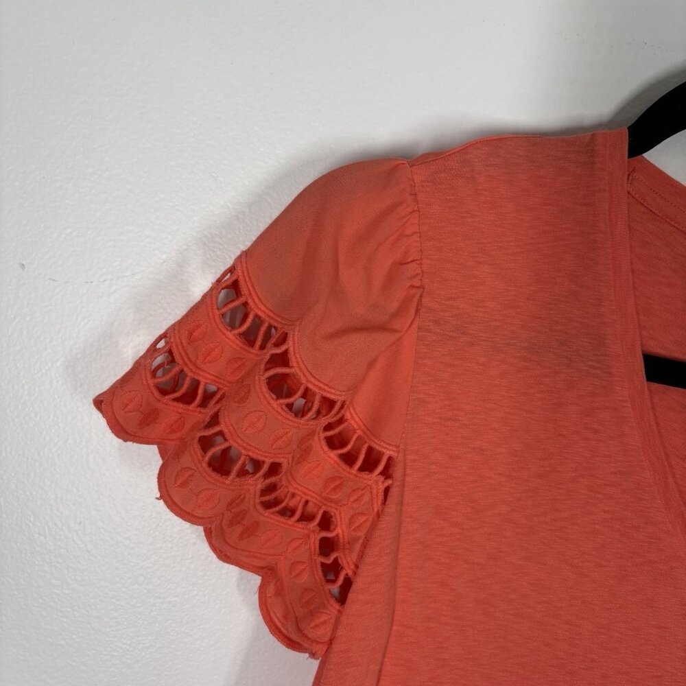 Chicos Women Sz 0 US S Nectarine Cotton Preppy V-Neck Tiered Eyelet Sleeve Top - Picture 5 of 8